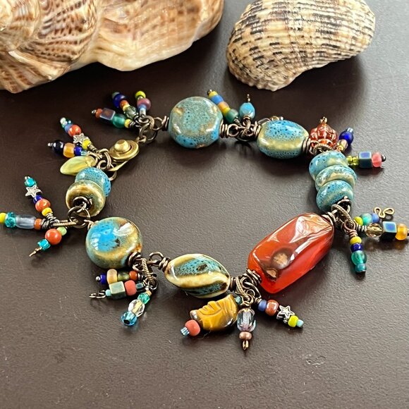 Handmade Carnelian Stone & Ceramic Charm Bracelet: Boho Eclectic Beaded Jewelry - Picture 5 of 8